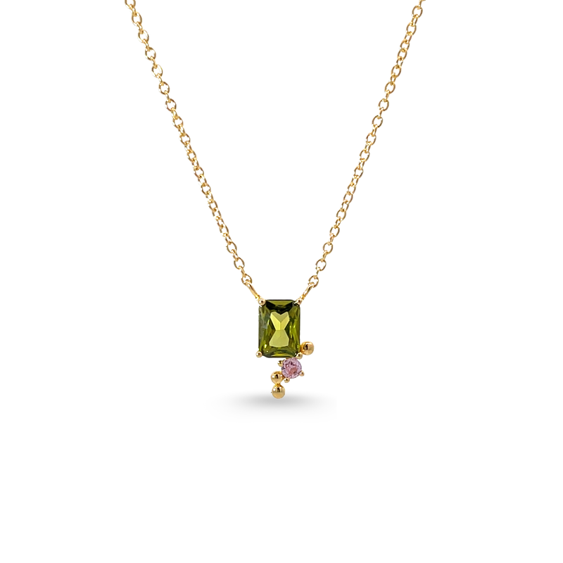 Gold on Silver Pink & Olivine CZ  Pendant & Chain