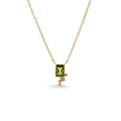 Gold on Silver Pink & Olivine CZ  Pendant & Chain