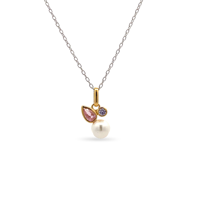 Sterling Silver GP Pink & Lavender CZ Pearl drop Pendant & chain.