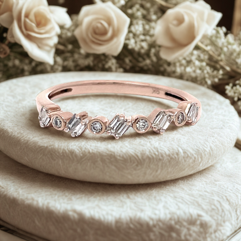 9ct Rose Gold Baguette & Round Diamond Band