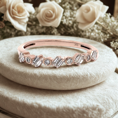 9ct Rose Gold Baguette & Round Diamond Band