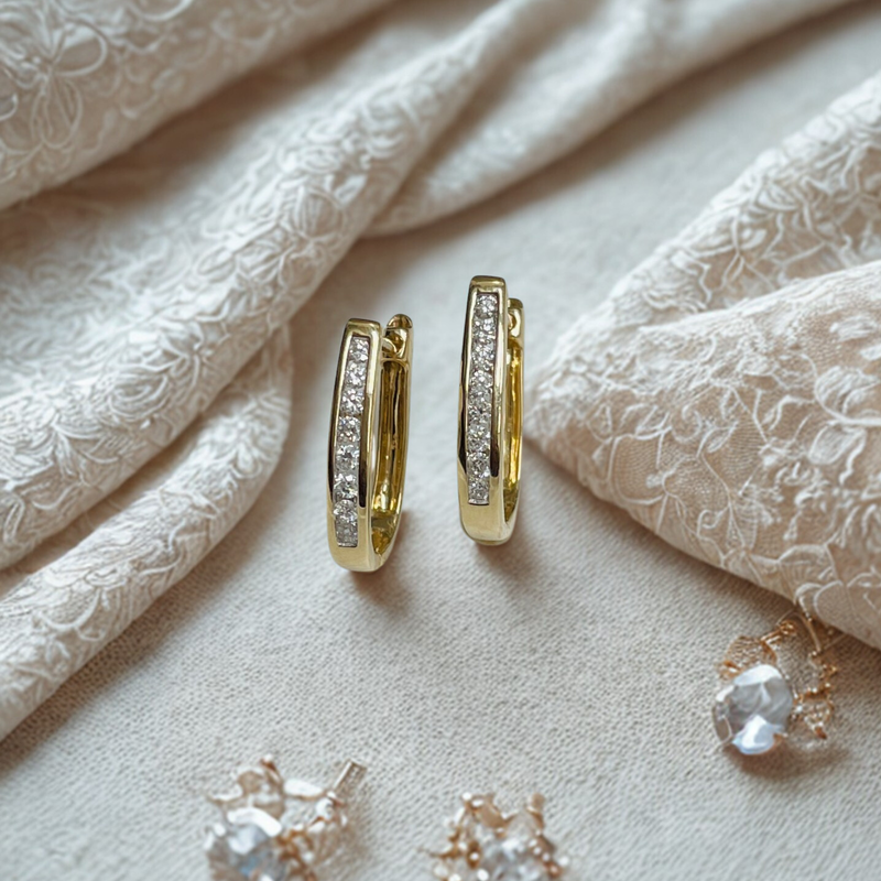 9ct Yellow Channel Set Diamond Huggie Earrings