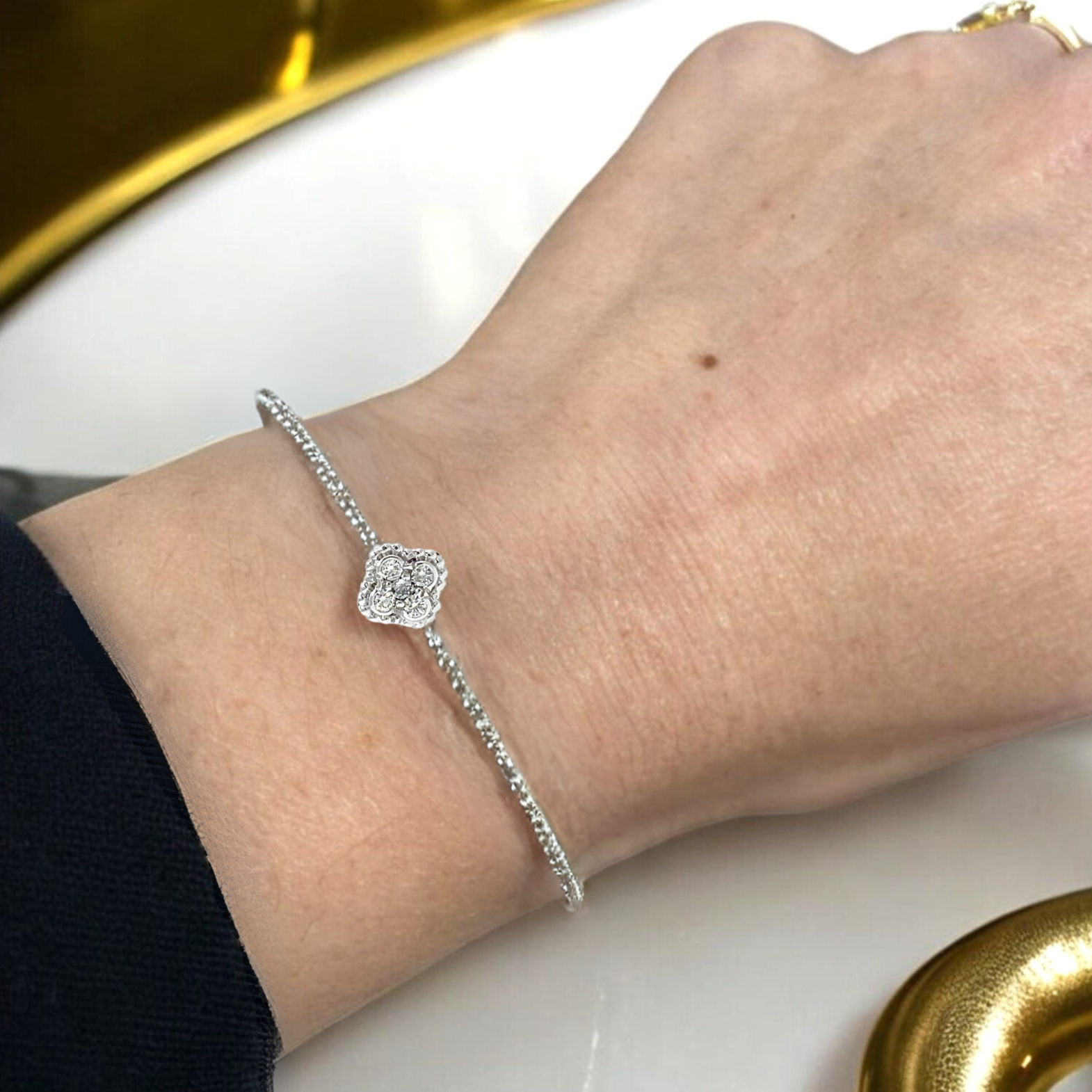 14k White Gold Clover Diamond Set Flexi Bracelet.