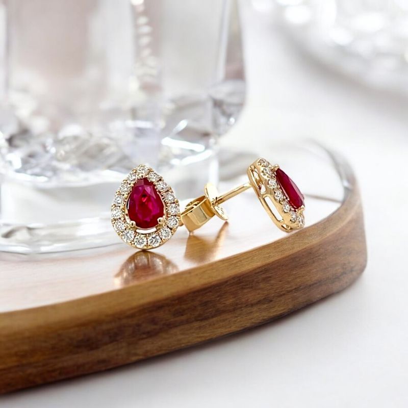 14K Gold Natural Pear Cut Ruby & Diamond Earrings