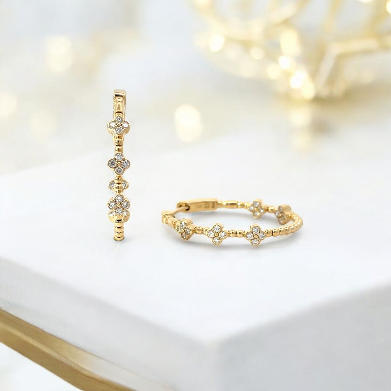 14k Gold Diamond Clover Hoops Earrings