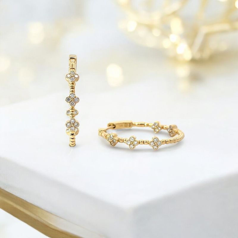 14k Gold Diamond Clover Hoops Earrings