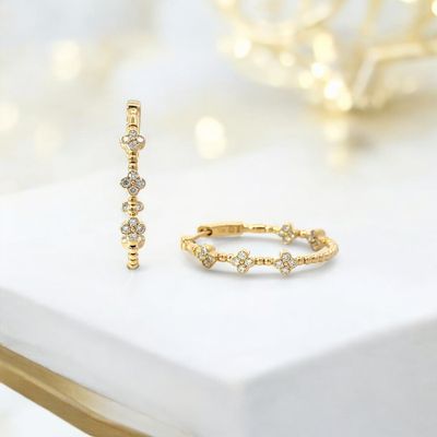 14k Gold Diamond Clover Hoops Earrings