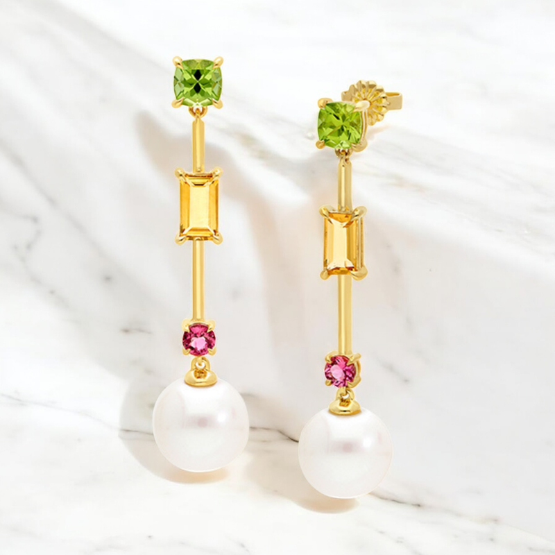 9Y Citrine, Peridot & Pearl Drop Earrings