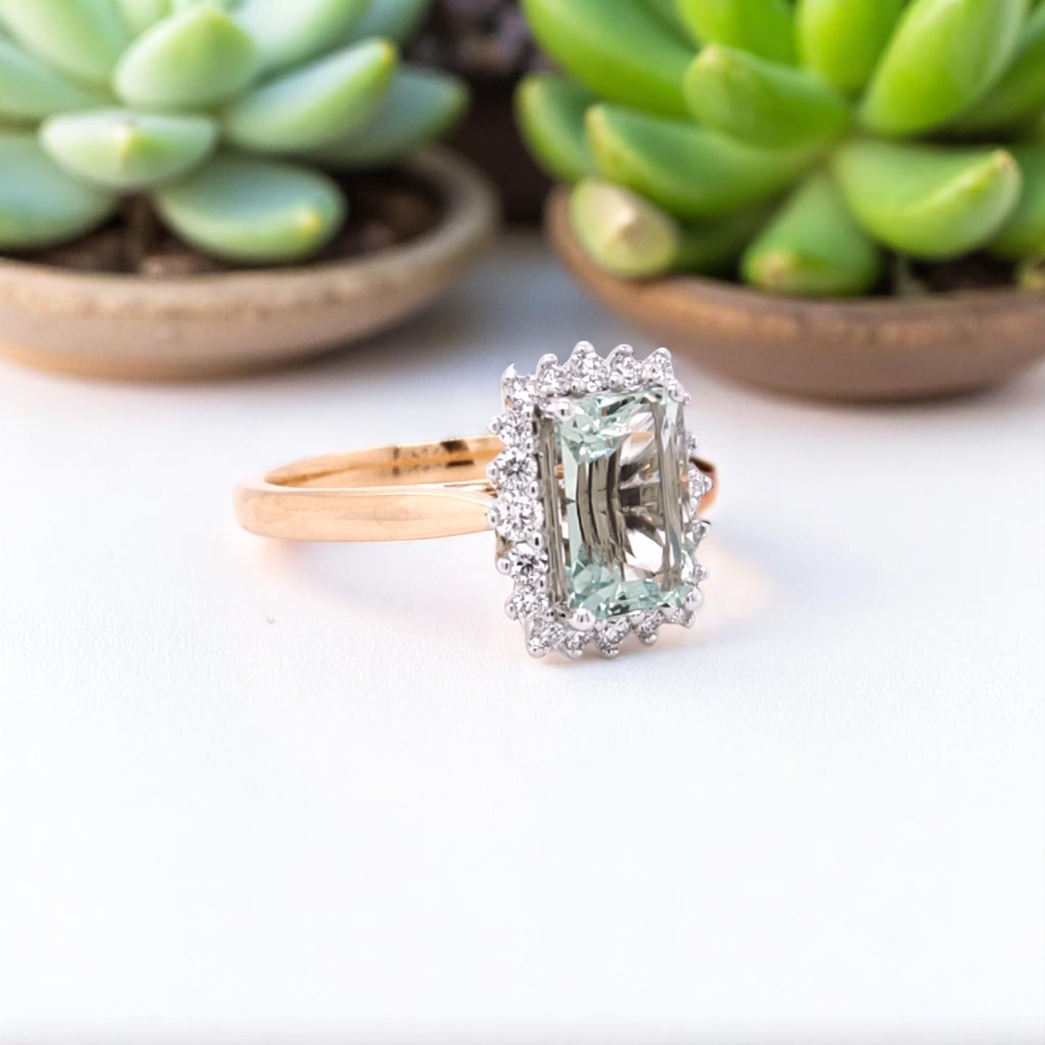 18ct Rose Gold Green Beryl & Diamond Halo Ring