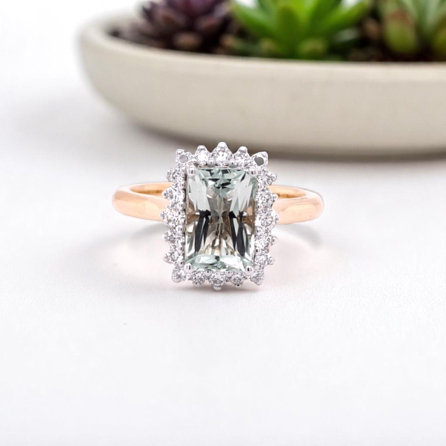 18ct Rose Gold Green Beryl & Diamond Halo Ring