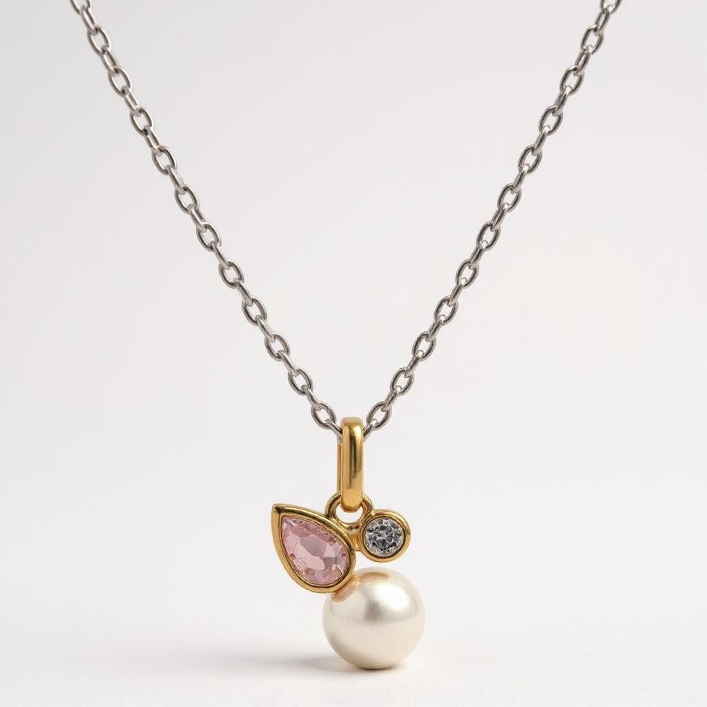 Gold On Silver Pink & Lavender CZ Pearl Pendant & chain.