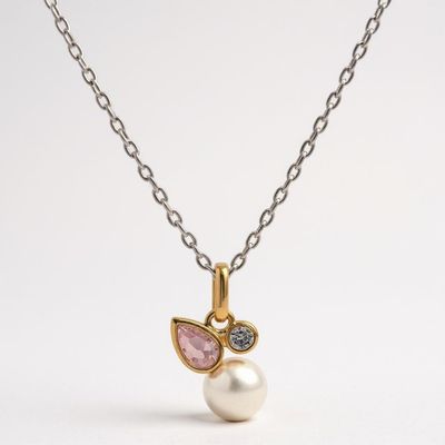 Gold On Silver Pink & Lavender CZ Pearl Pendant & chain.