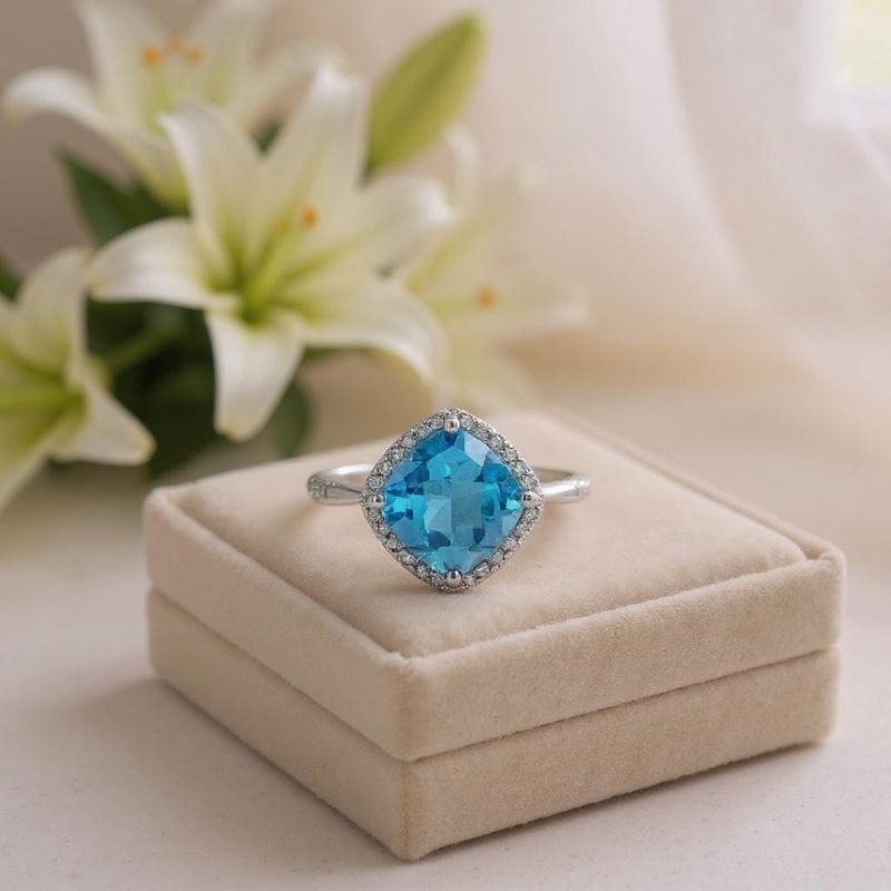 9W Gold Blue Topaz and Diamond Halo Ring
