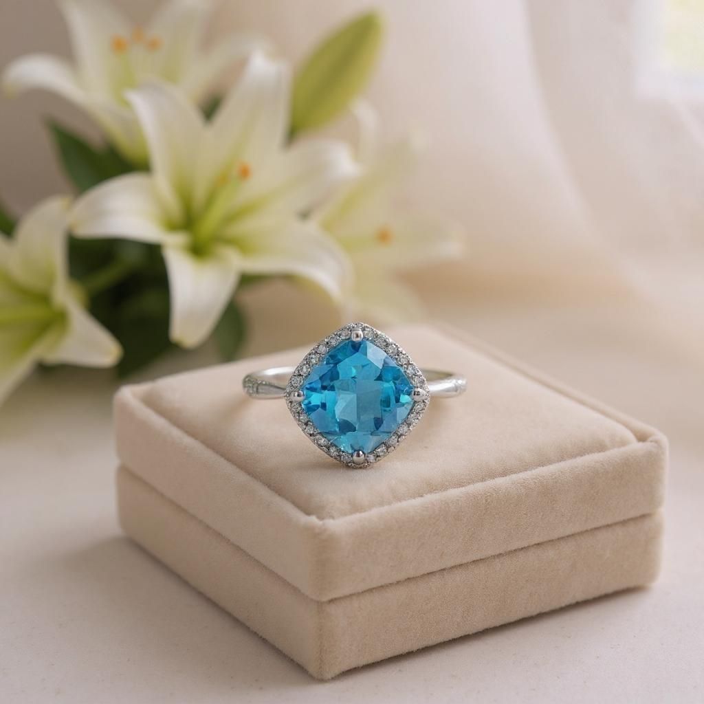 9W Gold Blue Topaz and Diamond Halo Ring
