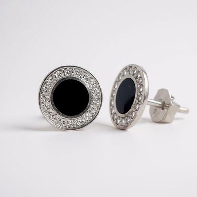9W Gold Onyx & CZ Disc Earrings