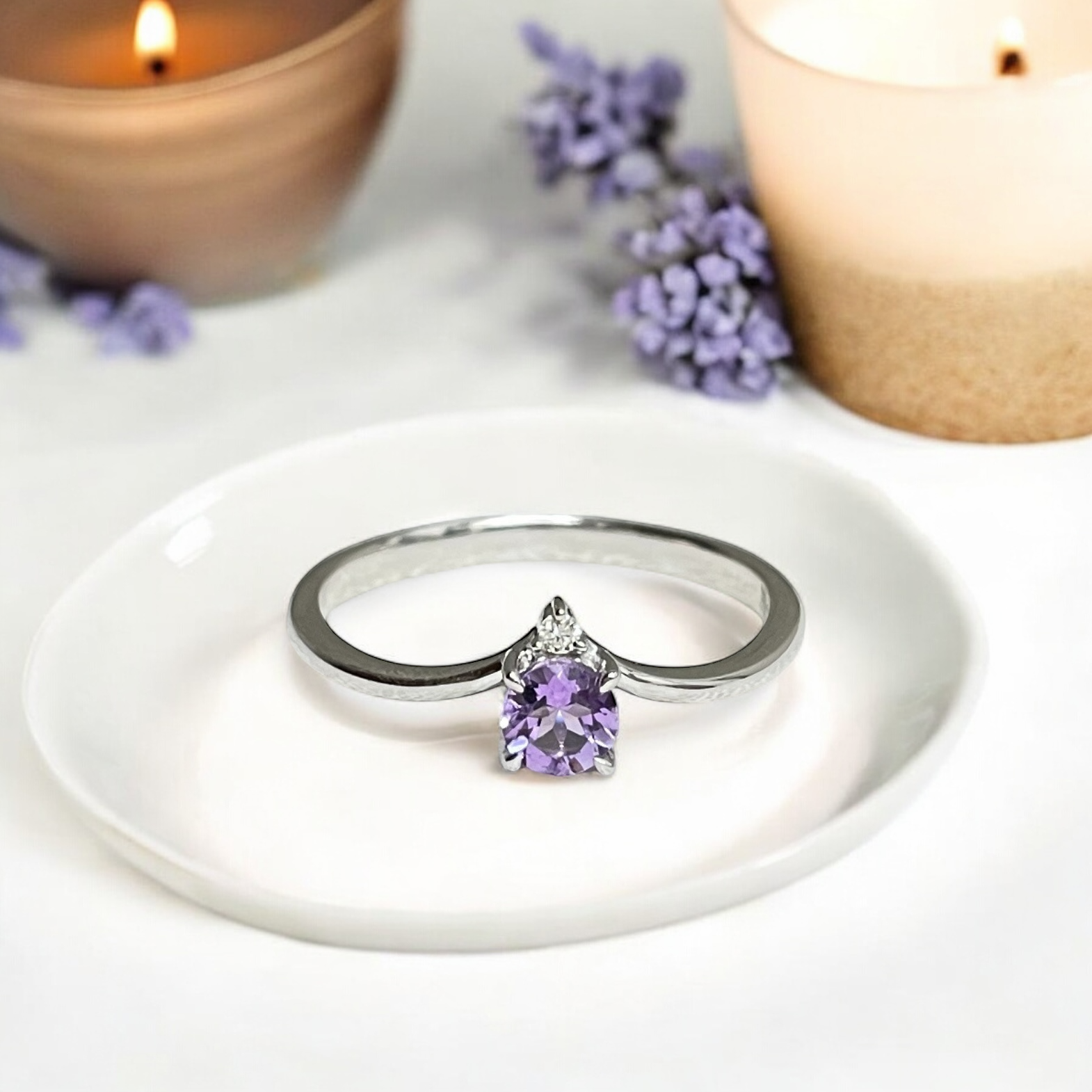 9ct White Gold Amethyst & Diamond Dress Ring