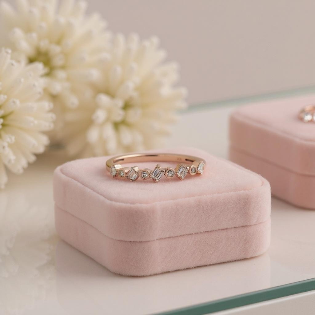 9ct Rose Gold Baguette & Round Diamond Band