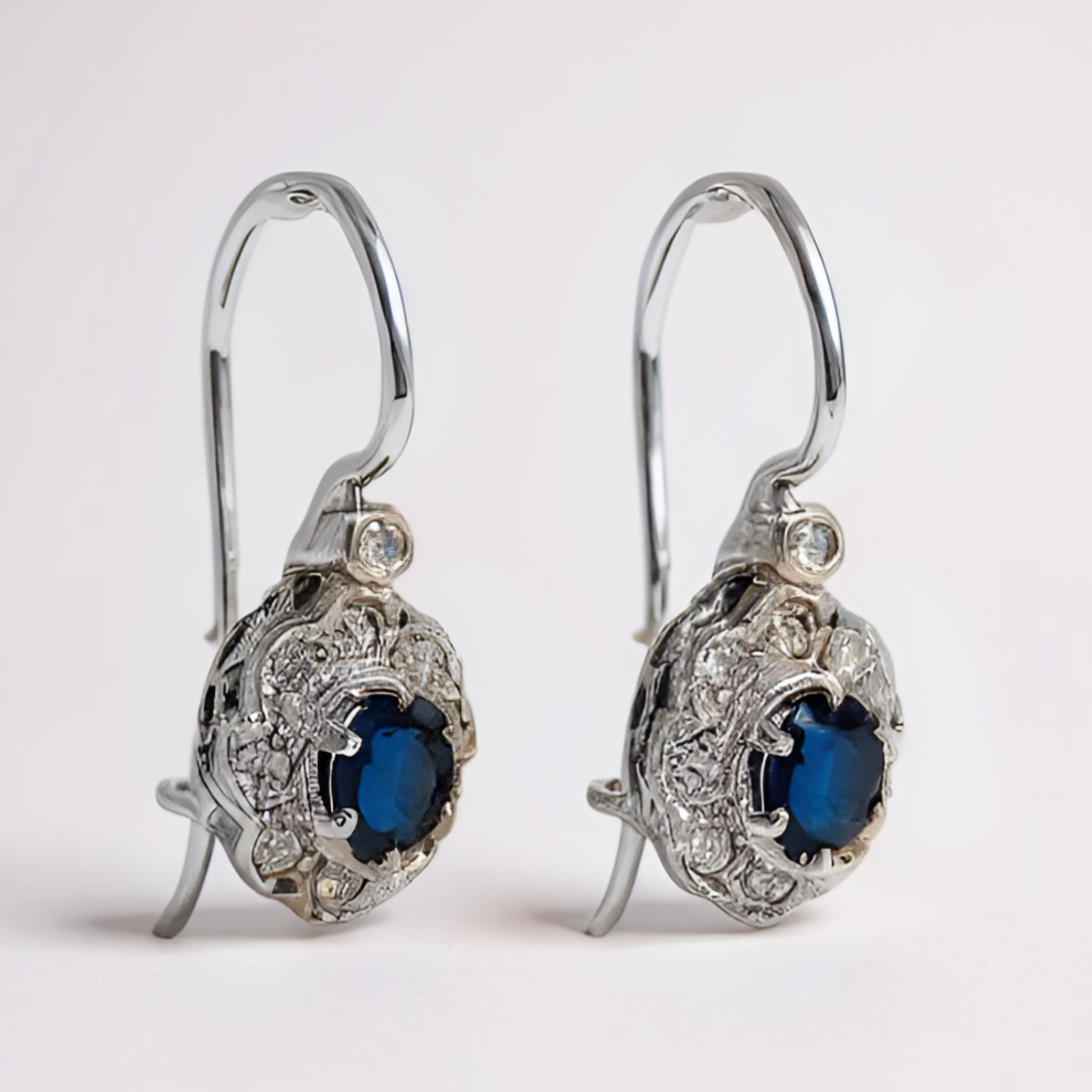 9ct White Gold Sapphire & Diamond Hook Earrings