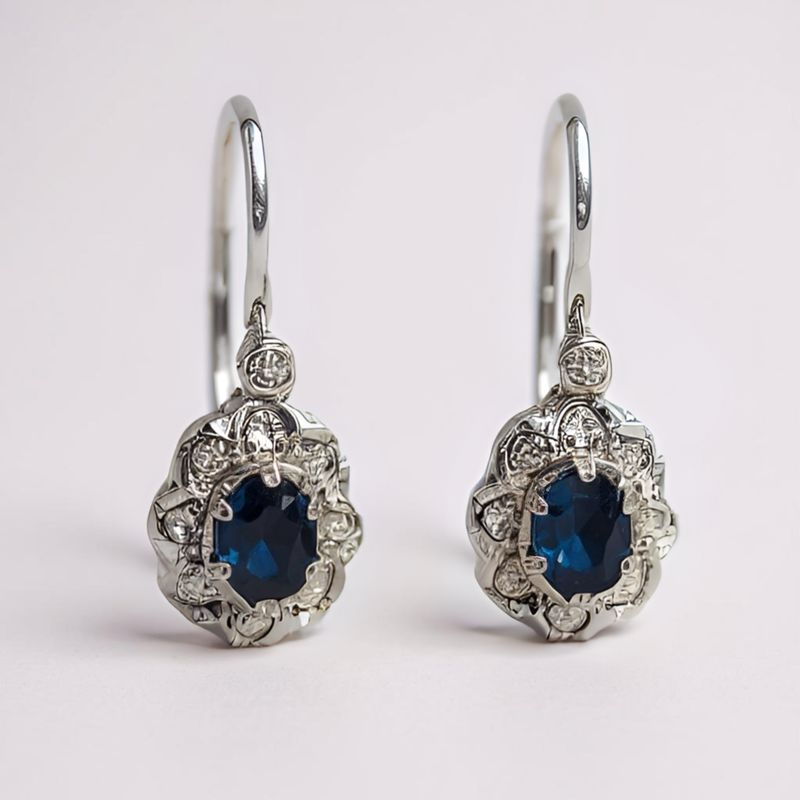 9ct White Gold Sapphire & Diamond Hook Earrings