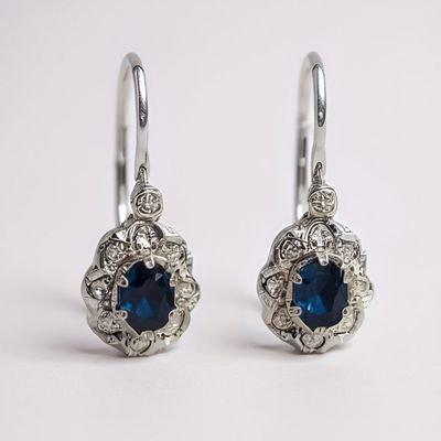 9ct White Gold Sapphire & Diamond Hook Earrings