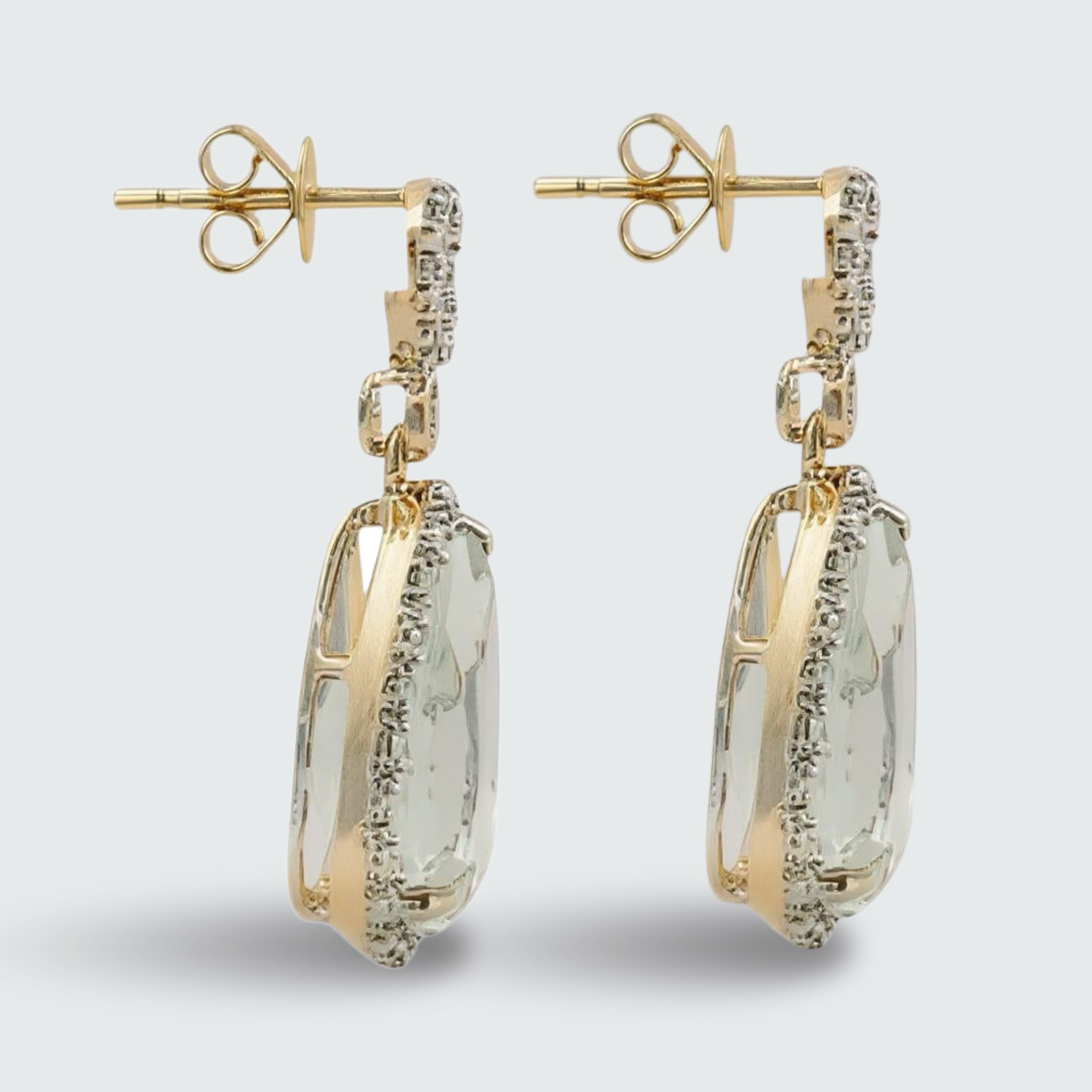 9ct Gold Green Amethyst & Diamond Drop Earrings