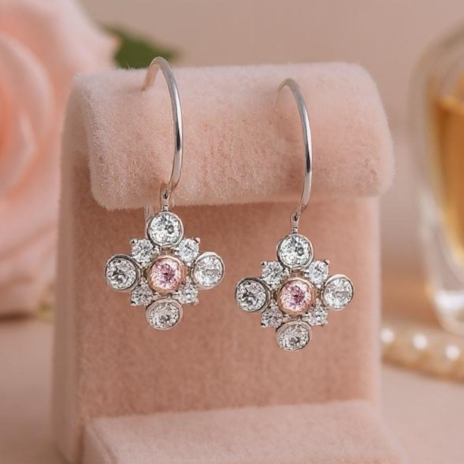9ct White Gold Pink Diamond Hook Earrings