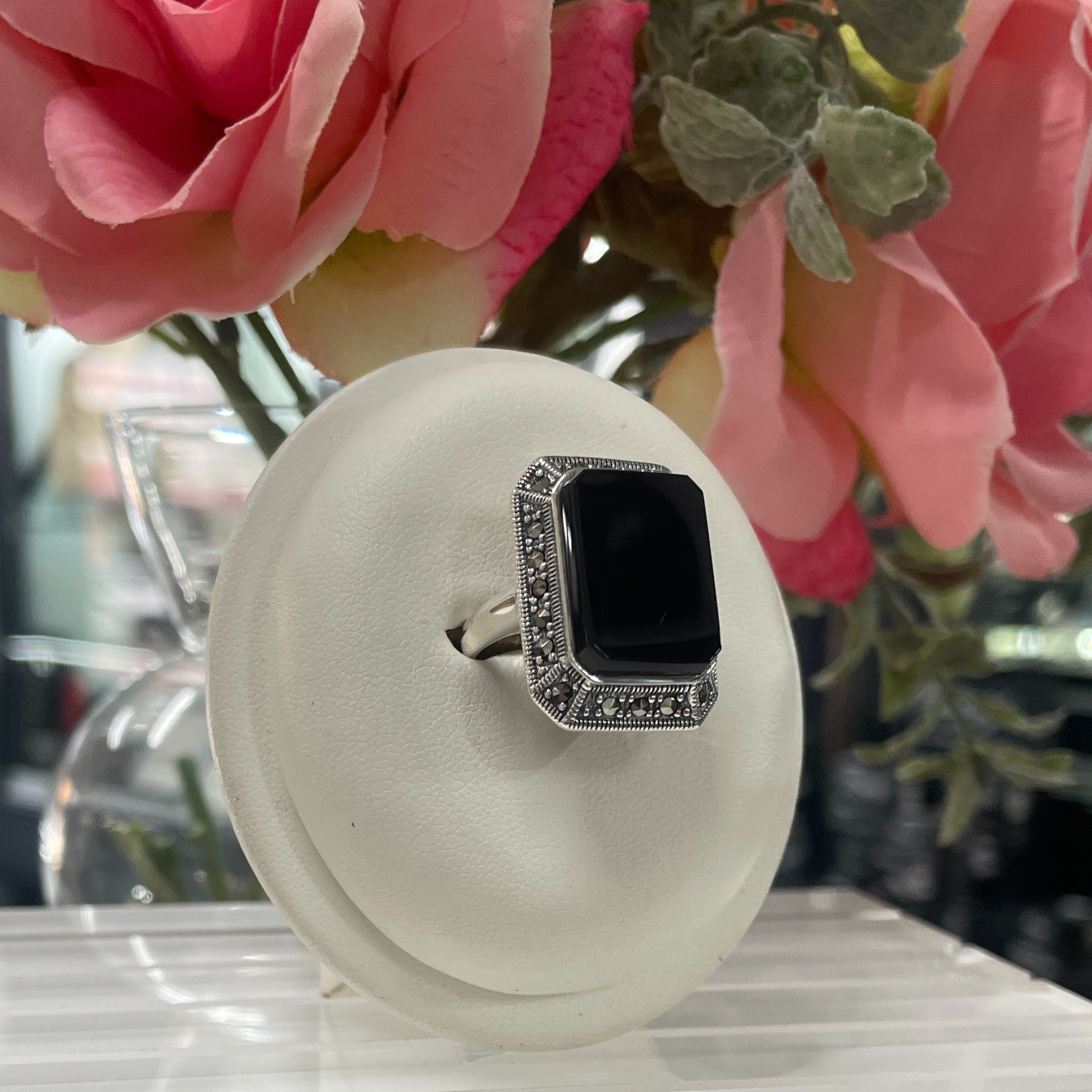 Sterling Silver Marcasite & Onyx Ring