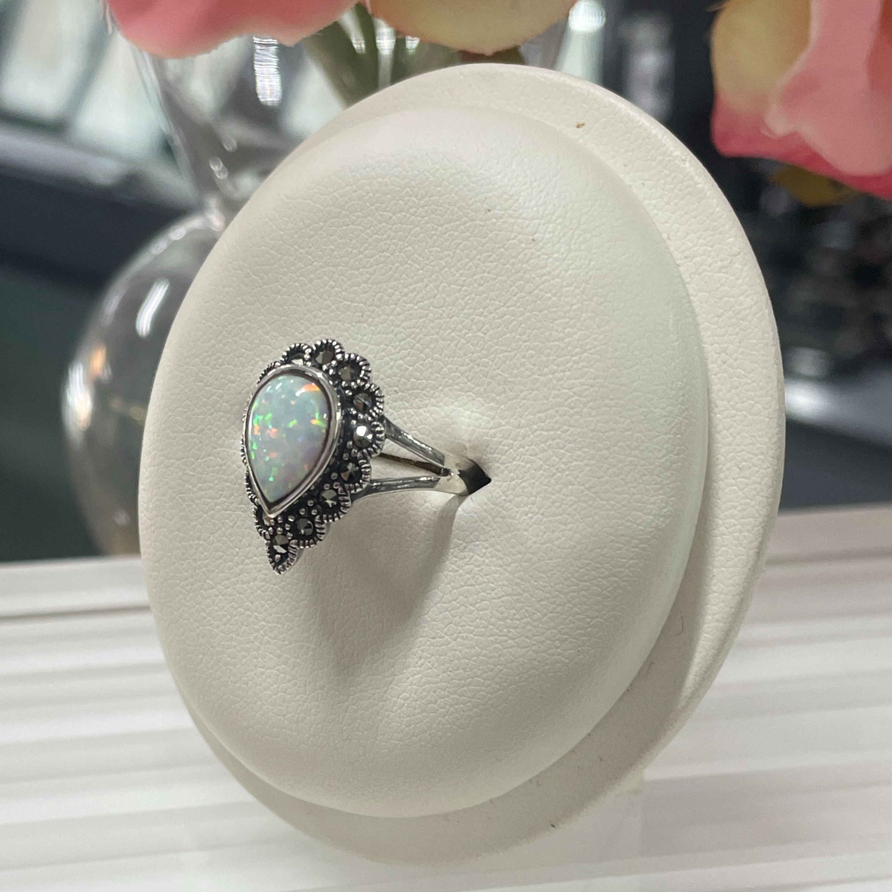 Sterling Silver Marcasite & Opal Ring
