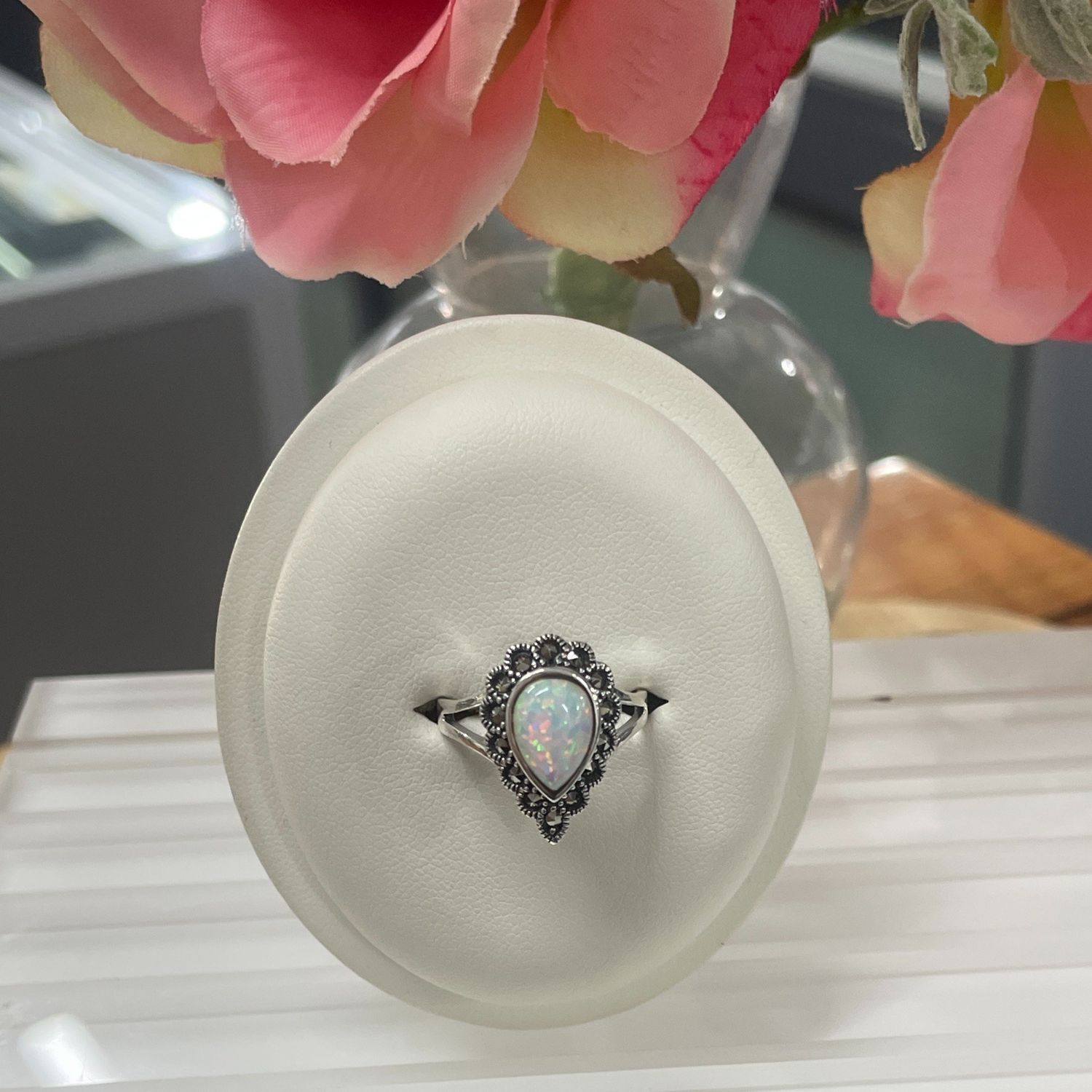 Sterling Silver Marcasite & Opal Ring
