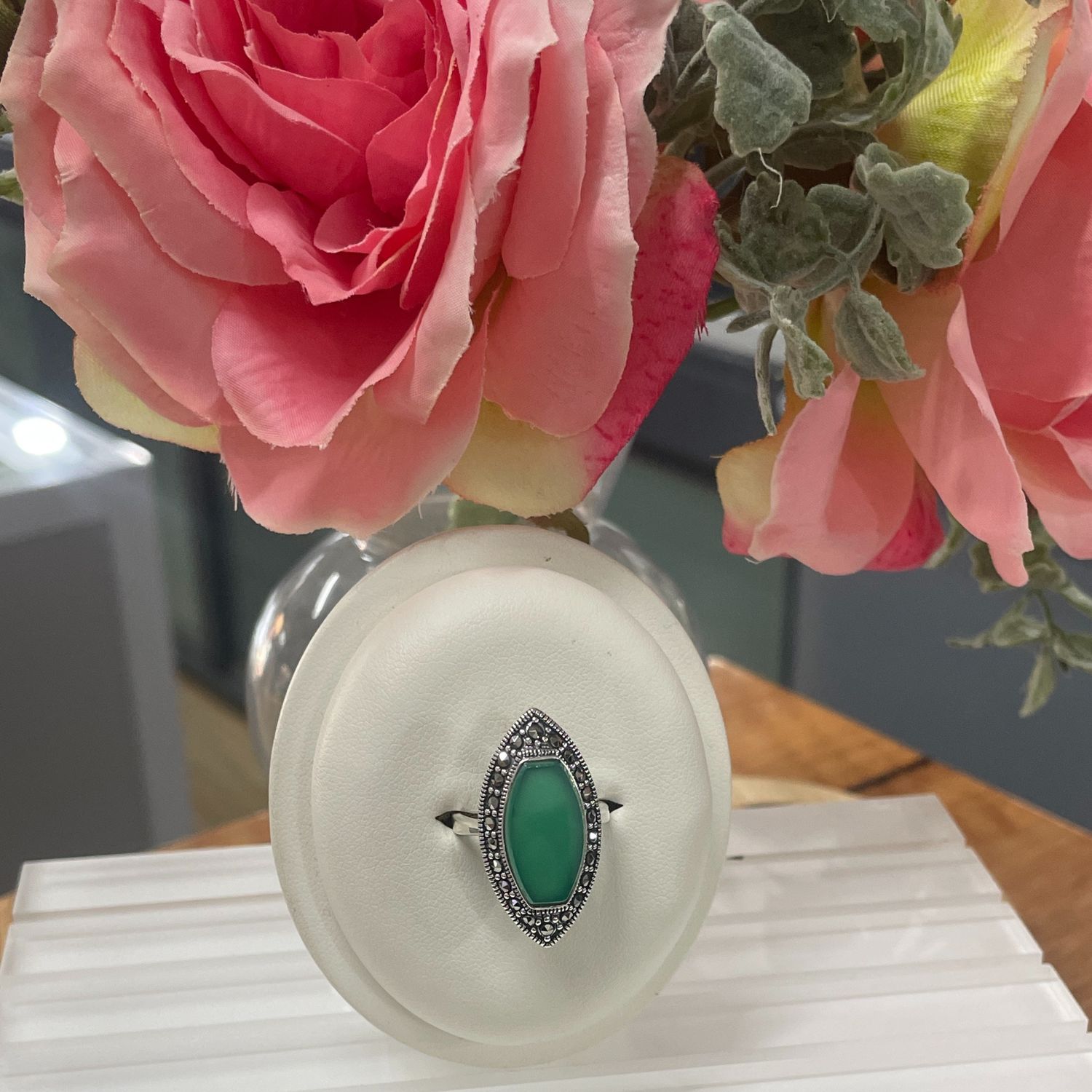 Sterling Silver Green Agate & Marcasite Ring