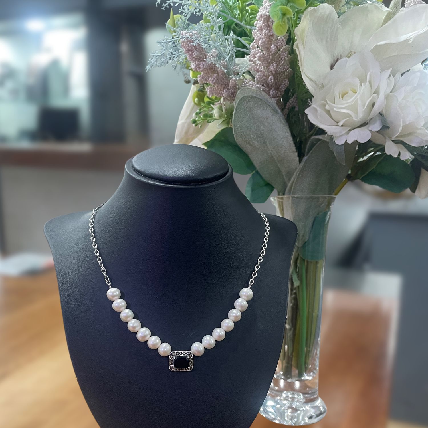 Sterling Silver Onyx, Pearl & Marcasite Necklace
