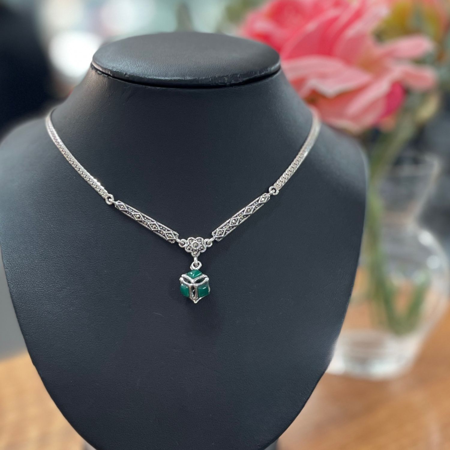 Sterling Silver Green Agate & Marcasite Necklace