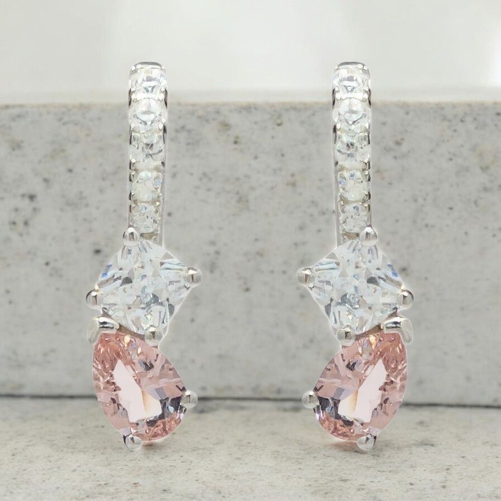 Sterling Silver Pink & White  CZ Earrings