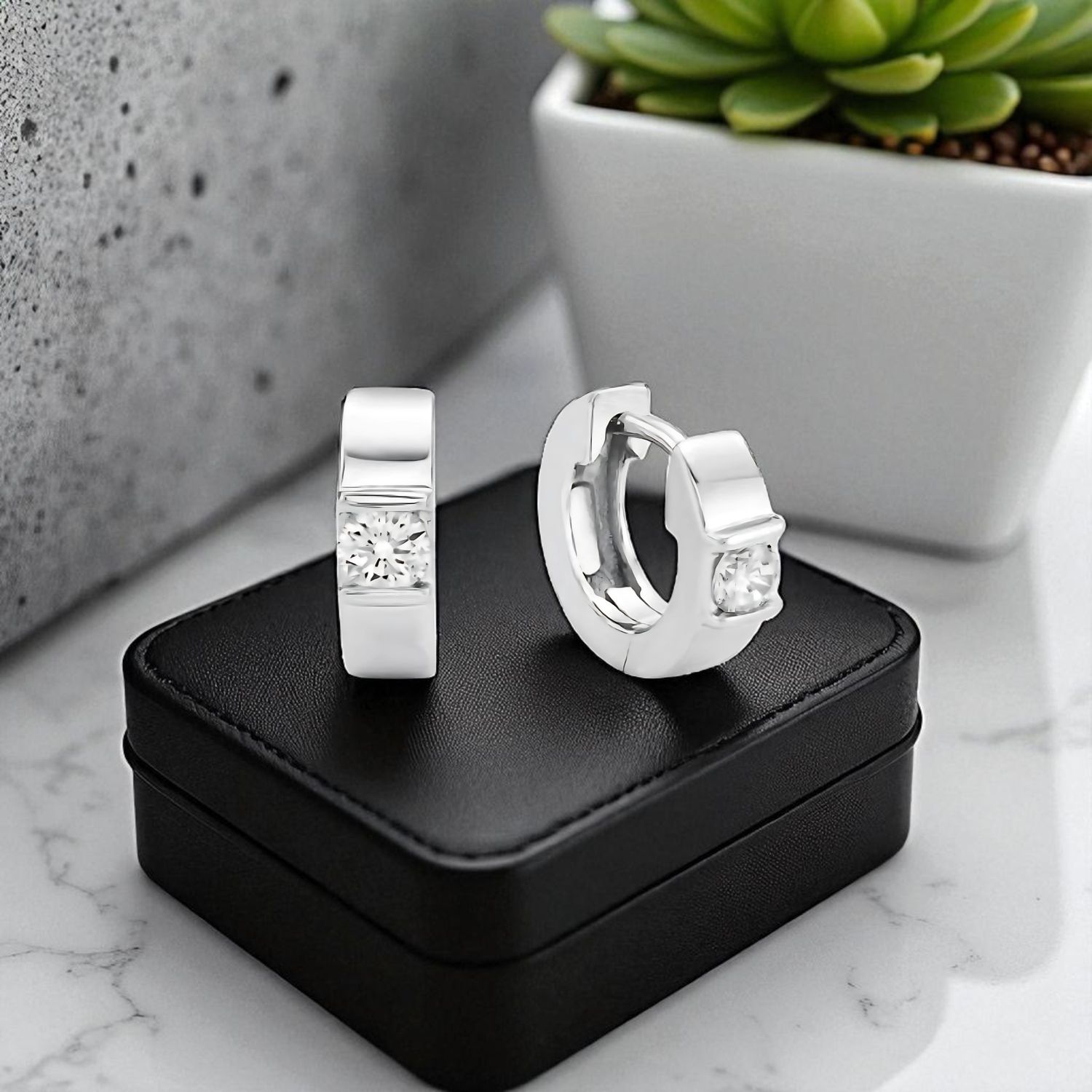 Sterling Silver Bar Set CZ Huggie Earrings
