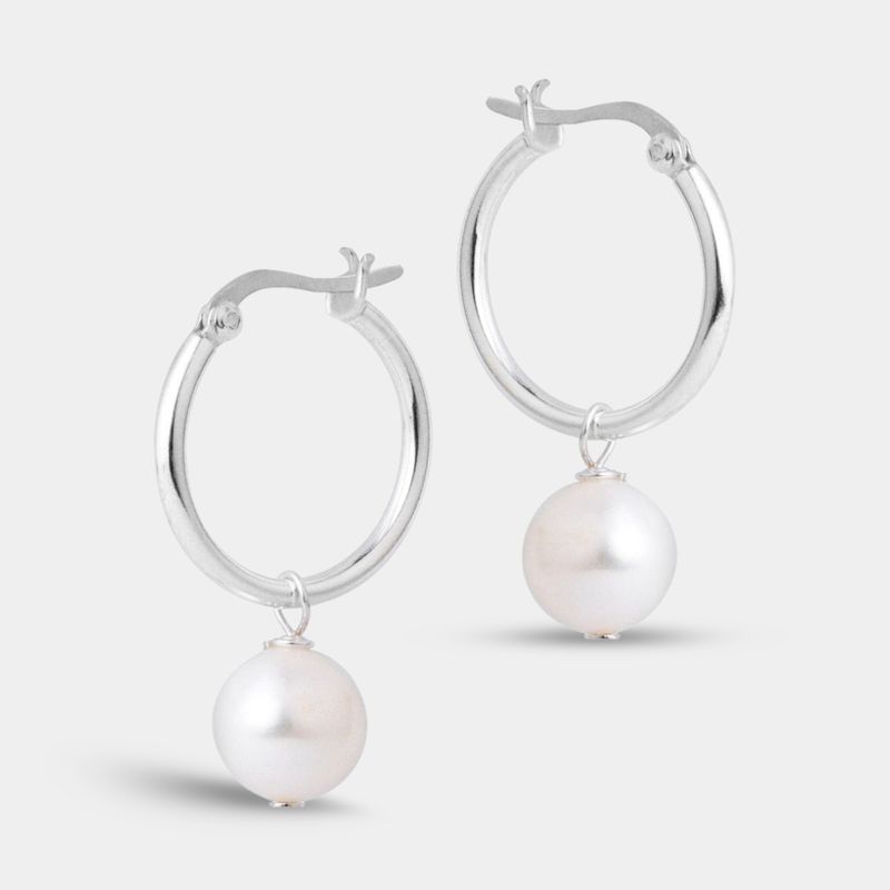 Sterling 13mm/2mm Pearl Hoop Earrings