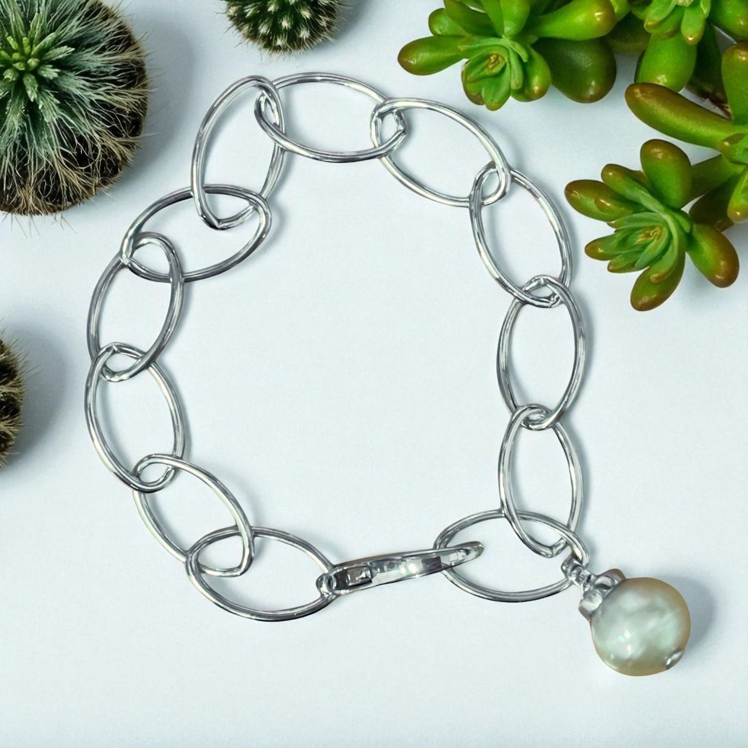 Sterling Silver NAVETTE Pearl Bracelet