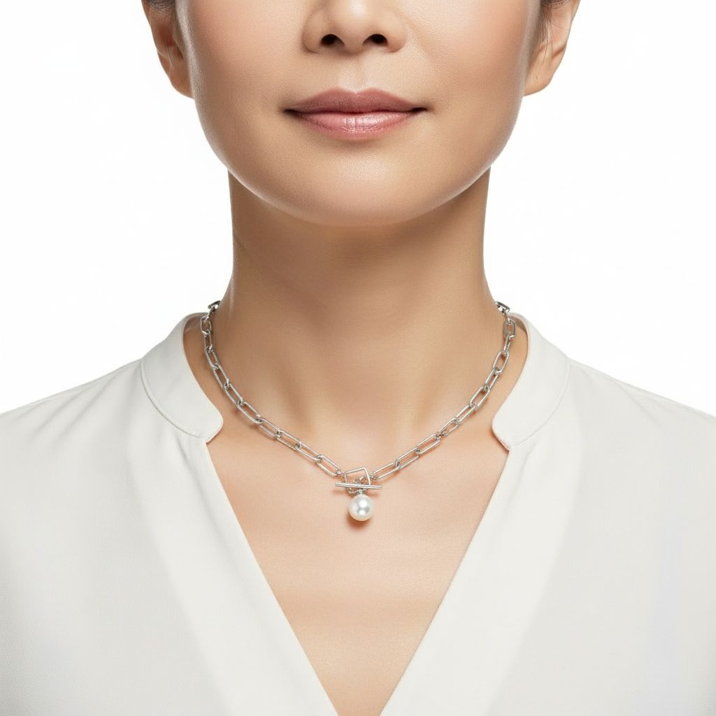 Sterling Silver  Paperclip Chain & Edison Pearl Drop-45cm