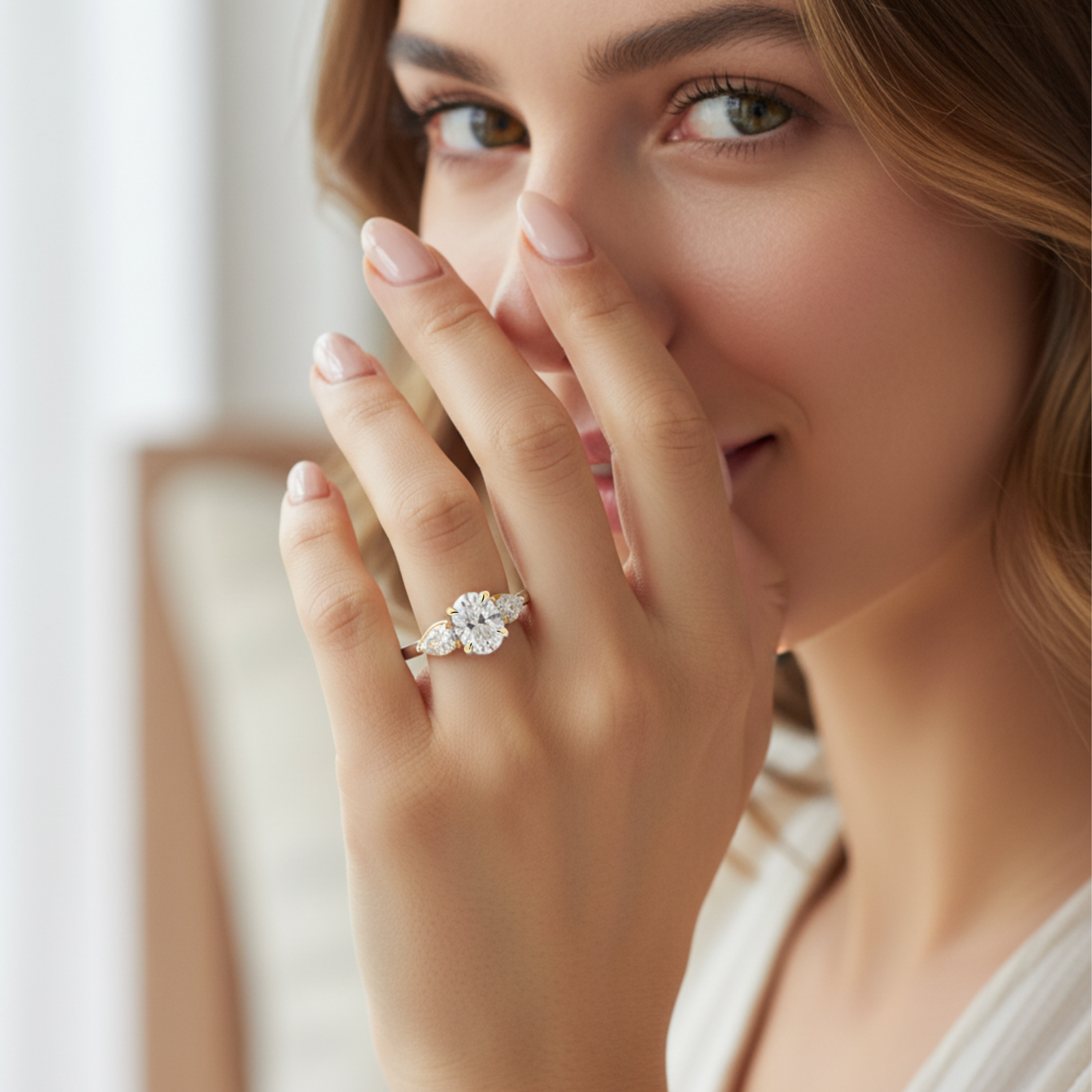 Platinum Oval & Pear Cut LAB Diamond Trilogy Ring