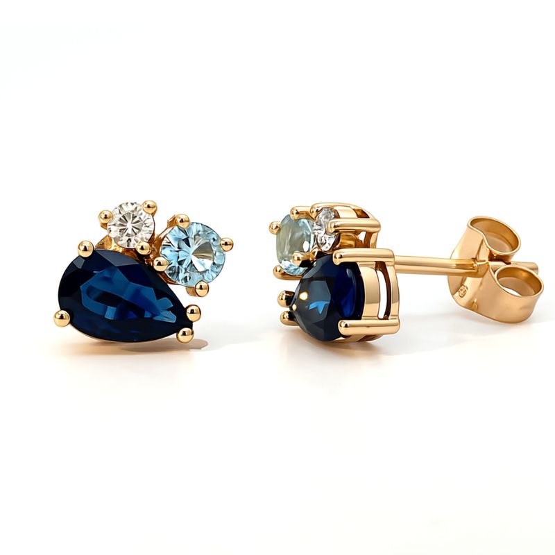 9ct Yellow Multi Stone Midnight Blue Stud Earrings