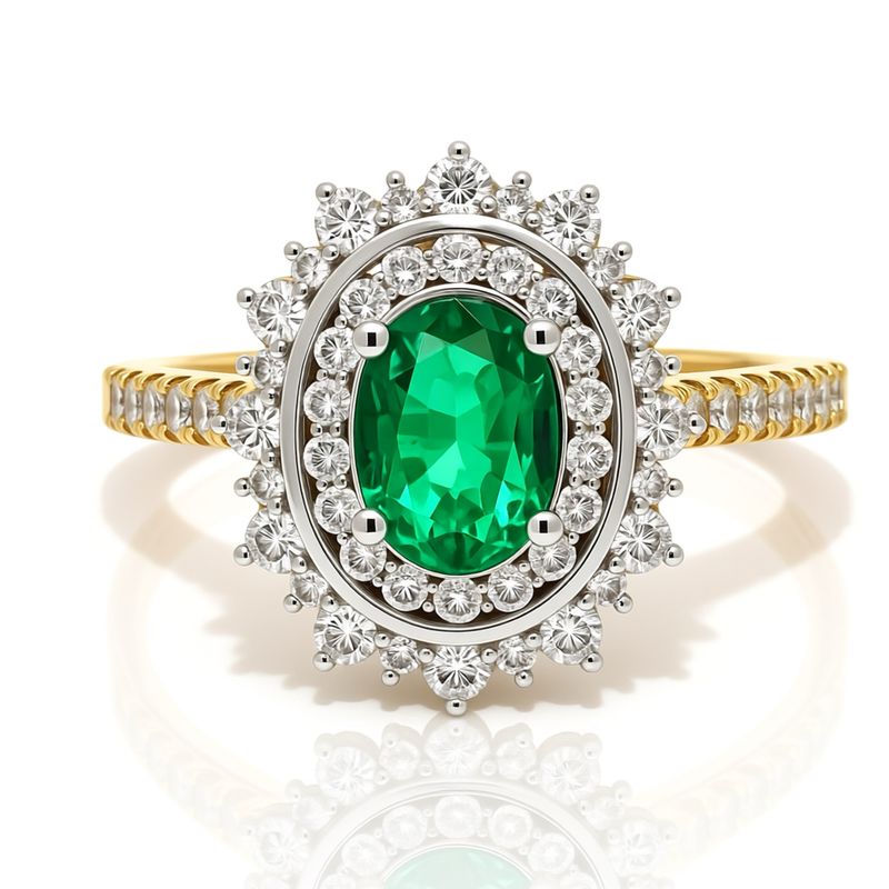 18Y Oval Natural Emerald & Diamond Halo Ring