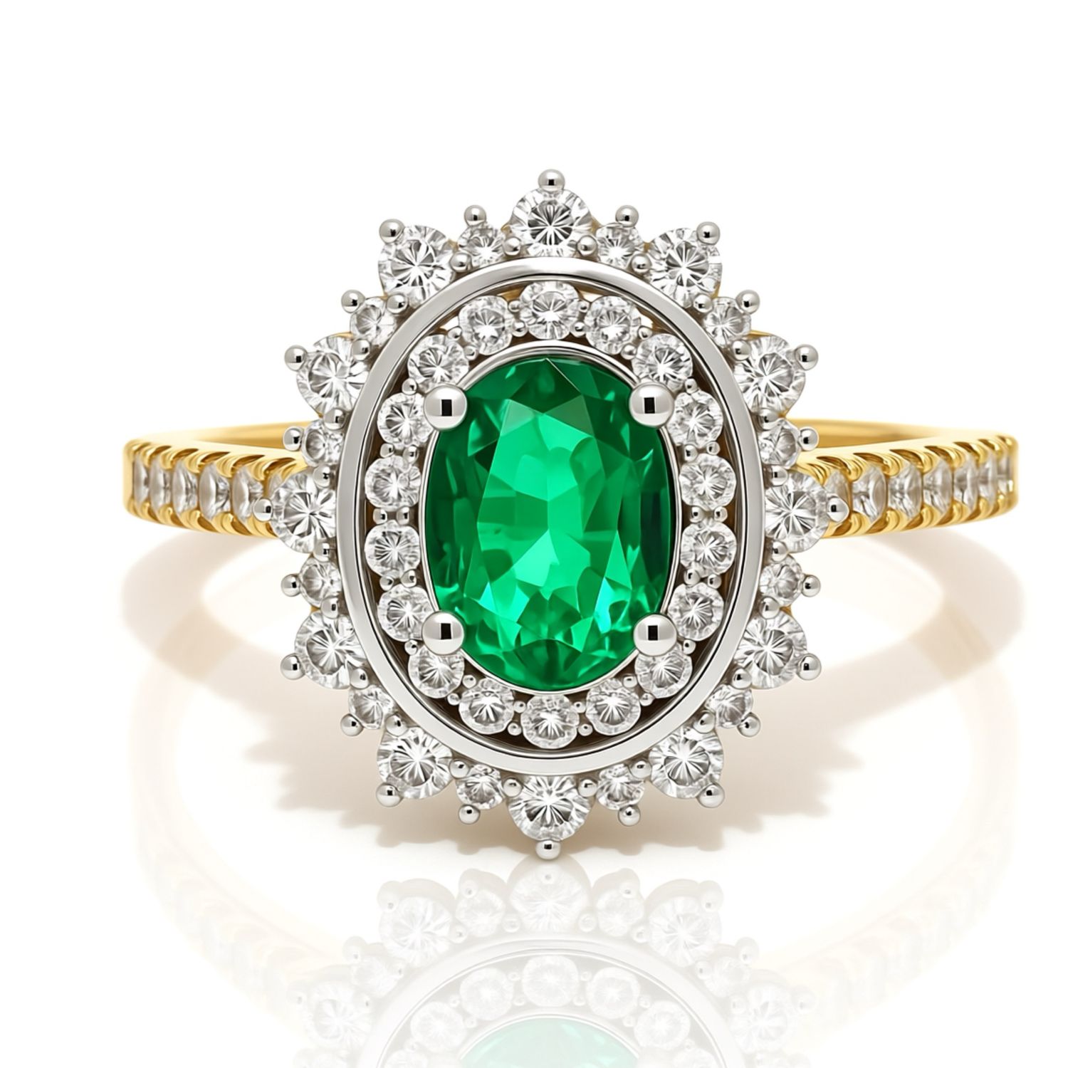 18Y Oval Natural Emerald & Diamond Halo Ring