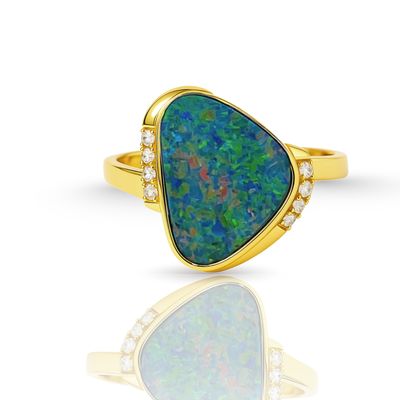 14ct Yellow Gold Boulder Opal & Diamond Ring