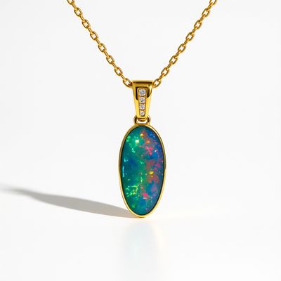 14ct Yellow Gold Boulder Opal & Diamond Pendant