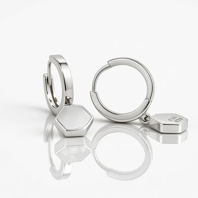 Sterling Silver Hexagon Drop Huggie Earrings Sterling Silver Hexagon Drop Huggie Earrings