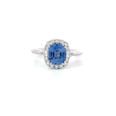 18ct White Gold Cushion Cut Ceylon Sapphire & Diamond Halo Ring 18ct White Gold Cushion Cut Ceylon Sapphire & Diamond Halo Ring
