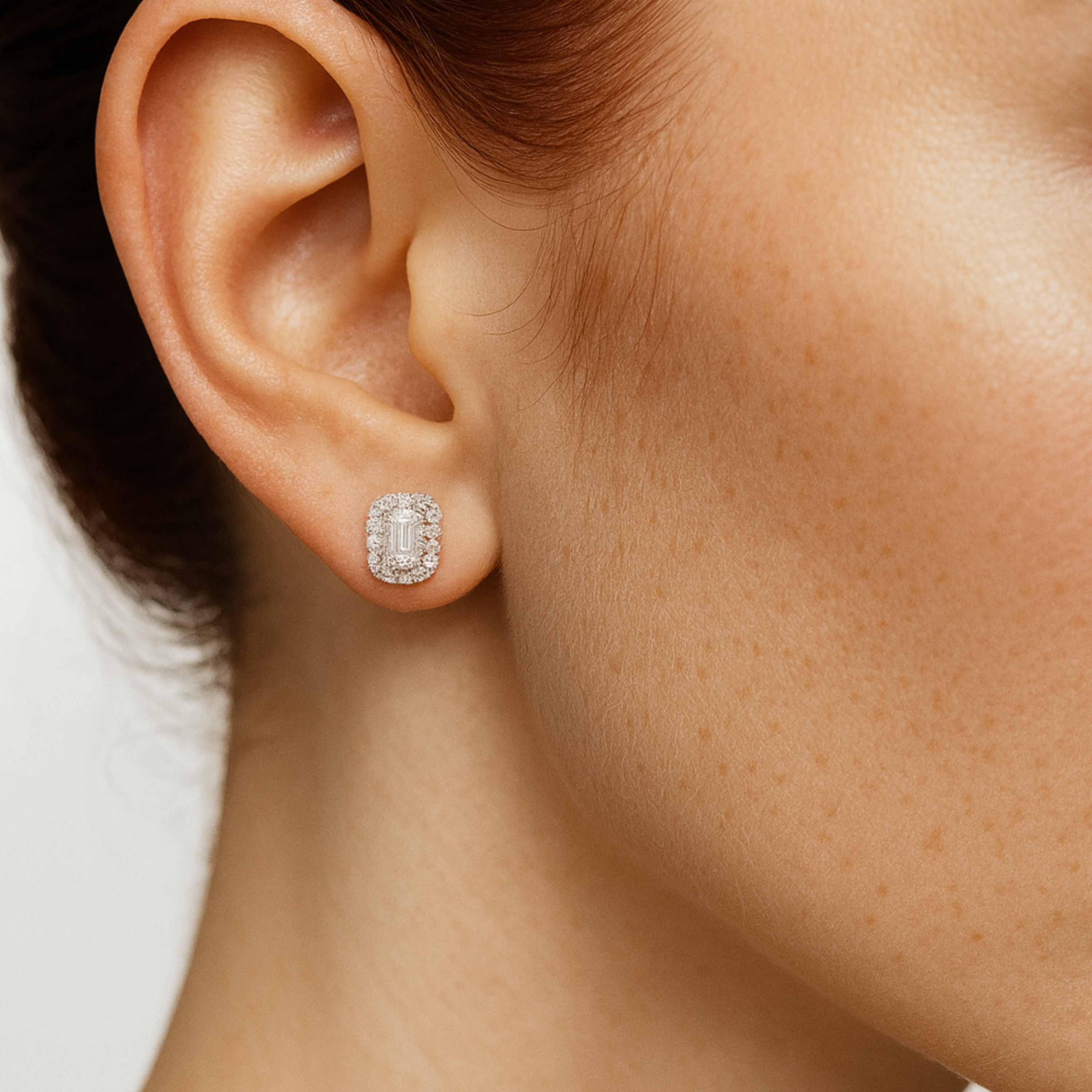 9WG LAB Emerald Cut Diamond Halo Stud Earrings