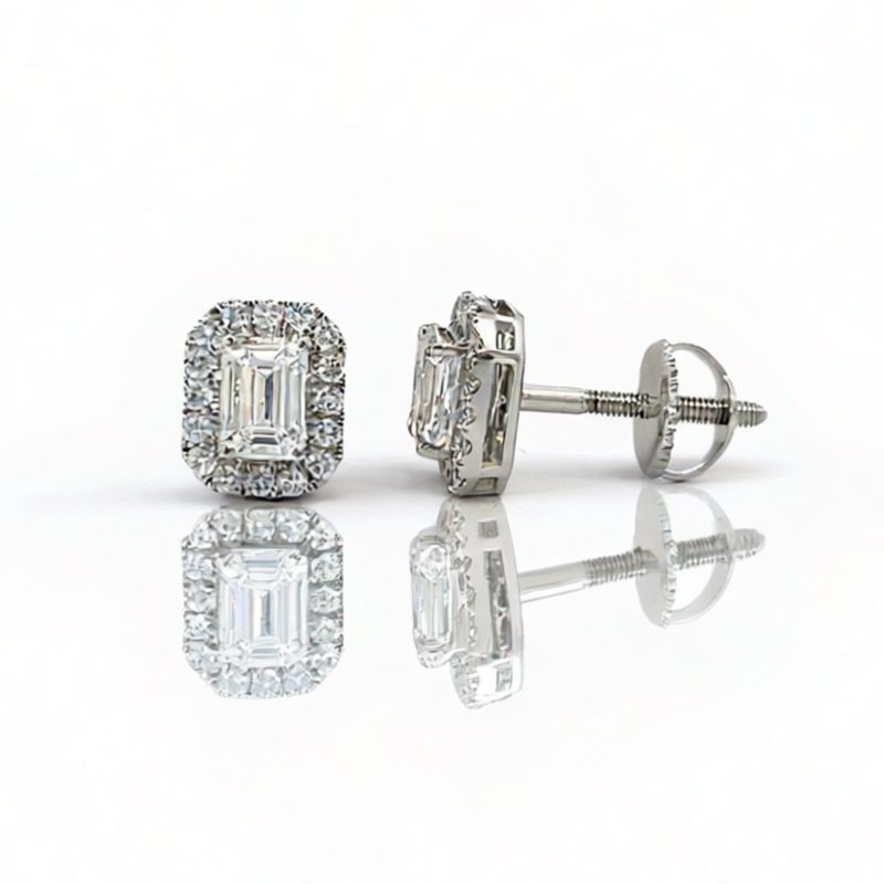 9WG LAB Emerald Cut Diamond Halo Stud Earrings