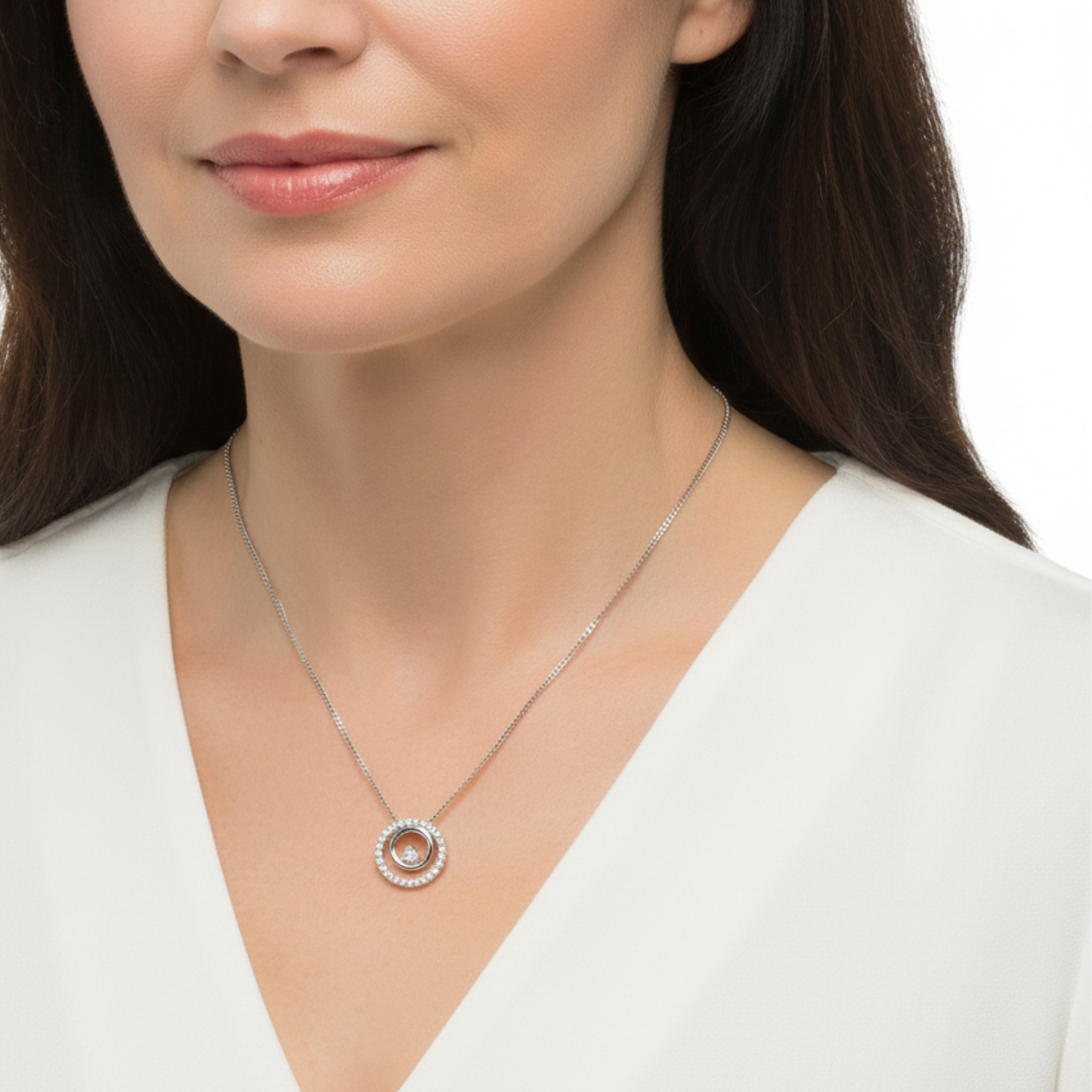 9ct White Gold Double Open Circle Diamond Pendant & Chain