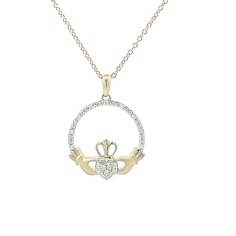 9ct Yellow Gold Irish Claddagh & Diamond Pendant
