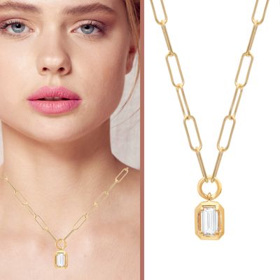 9ct Gold Emerald Cut Pendant & Paperlink Chain